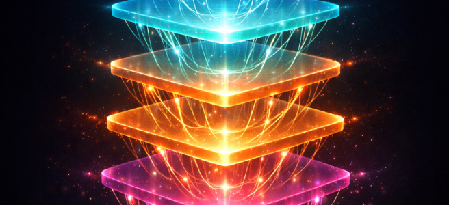Four glowing transparent square layers stacked vertically with interconnected light strands between them.