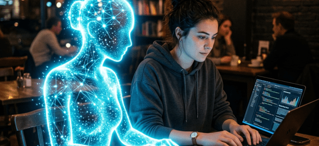 Woman typing on laptop next to glowing digital assistant made of blue light points
