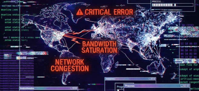 World map showing critical network errors, bandwidth saturation, packet loss 78%, and maximum OS noise level.