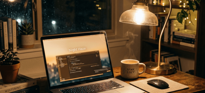 Laptop displaying coding environment on wooden desk with glowing lamp and steaming coffee mug that says Stay Cozy