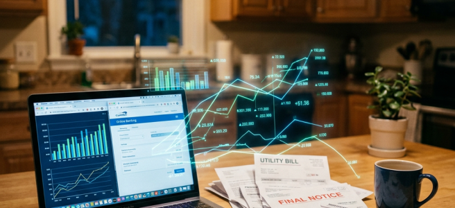 Laptop with financial charts, utility bills marked Final Notice and Paid, pen and coffee mug on wooden kitchen table