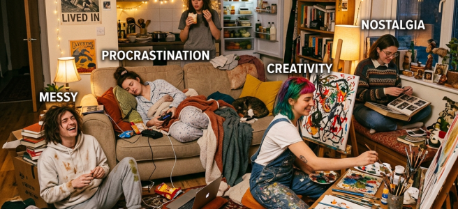 Four people in a cluttered living room each showing different moods: messy, procrastination, hunger, creativity, nostalgia.