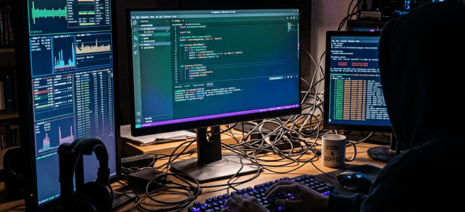 Person typing on a glowing keyboard with three monitors displaying code and data metrics