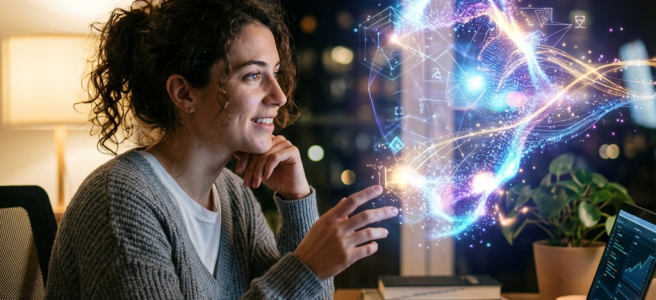 Woman interacting with holographic digital interface over laptop at desk