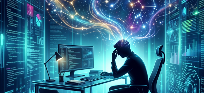 Person sitting at desk with computer surrounded by data screens and celestial constellations emerging from head