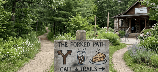 Wooden sign showing directions to The Forked Path Cafe and trails with images of a forked path, drink, and pie