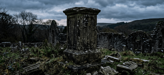 Stone ruins and broken gravestones in an overgrown cemetery with cloudy sky