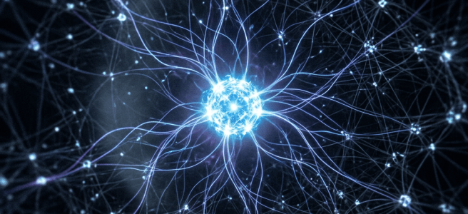 Glowing neural network with interconnected nodes and filaments