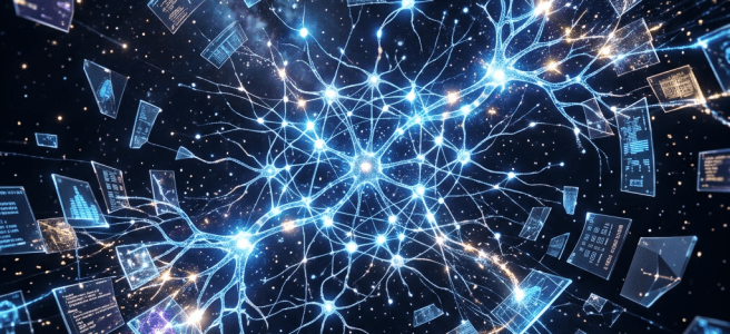 Glowing interconnected neural network nodes surrounded by floating digital data panels