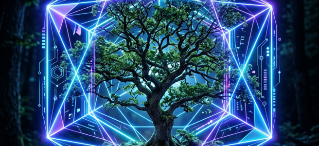 Vibrant tree enclosed in glowing blue and purple neon geometric cage with digital elements at night