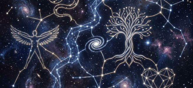 Starry sky with constellations shaped like a snake, tree, human figure with wings, and heart