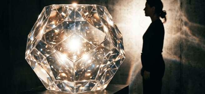 Geometric crystal sculpture emitting light on a pedestal with person silhouette behind