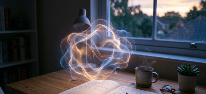 Open notebook with handwritten notes and pen, glowing abstract light shape above, coffee mug, glasses, and small plant on wooden desk near window at sunset