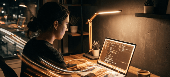 Woman typing on laptop with code displayed and light trails around keyboard