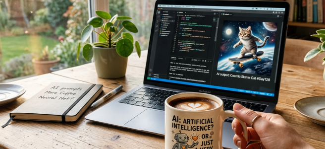 Hand holding coffee mug with AI text near laptop displaying coding and a digital cat image