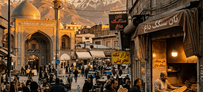 Man baking flatbread in a traditional bakery with customers and a mosque in the background near snowy mountains at sunset
