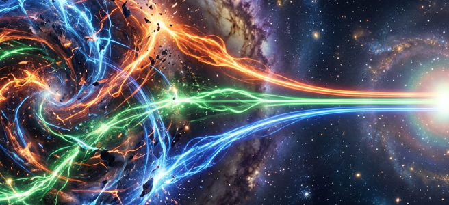 Colorful blue, red, and green energy beams spiraling and streaming through a galaxy in deep space