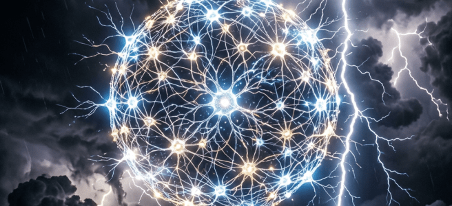 Glowing interconnected neuron network sphere surrounded by storm clouds and lightning