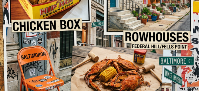 Collage of Baltimore's chicken box, steamed crabs, rowhouses in Federal Hill and Fells Point, and an orange chair with graffiti.