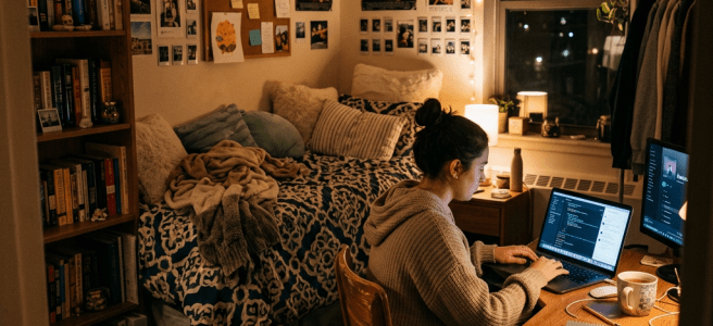 Student coding on laptop at desk in cozy dorm room with warm lights