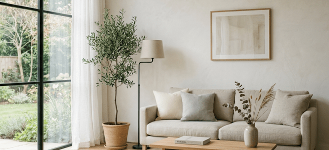 Beige sofa with cushions, wooden coffee table, indoor plant near large window