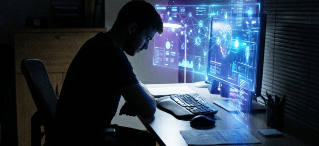 Man sitting at desk interacting with futuristic holographic digital screens showing data and graphics