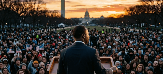 Person giving a speech to a crowd with Washington Monument and Capitol building in background