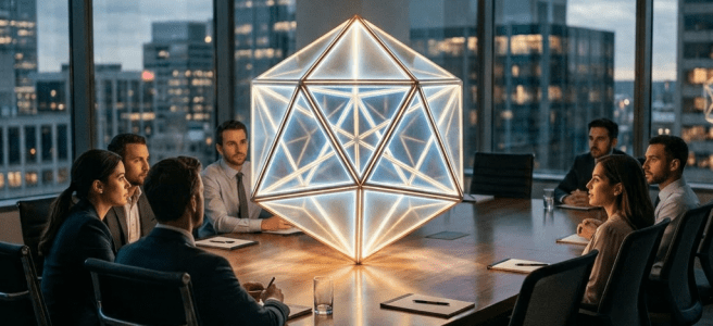 Illuminated geometric sculpture on conference table surrounded by chairs and notebooks.