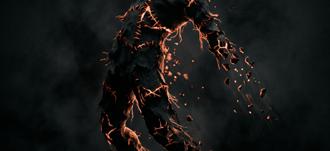 Human figure composed of cracked volcanic rock with glowing lava seams and fragments drifting away