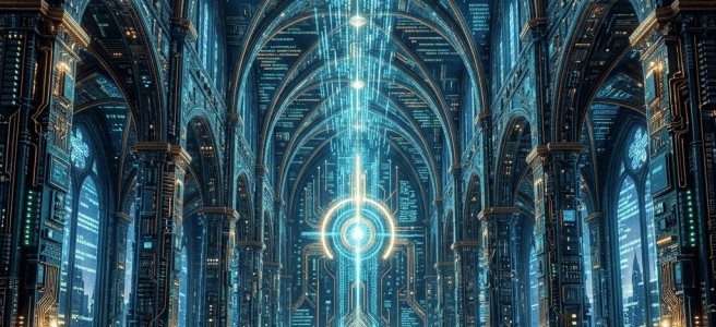 Cathedral interior with glowing digital code, circuit patterns, and robed figures kneeling