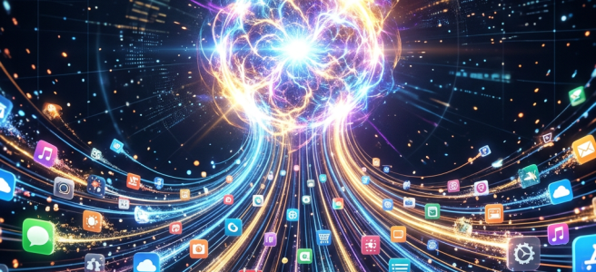 Bright glowing core with flowing streams of colorful multimedia and app icons representing digital connectivity
