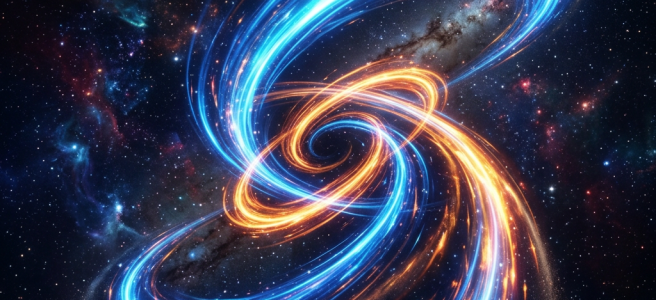 Swirling blue and orange light streams creating a dynamic cosmic pattern