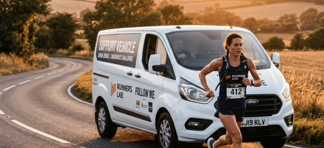 Female runner with race bib 412 running on winding country road with a white support vehicle behind