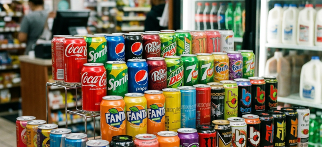 Assorted cans of Coca-Cola, Sprite, Pepsi, Dr Pepper, Mountain Dew, 7Up, Fanta, Red Bull, Monster, Bang, and others on a wooden counter