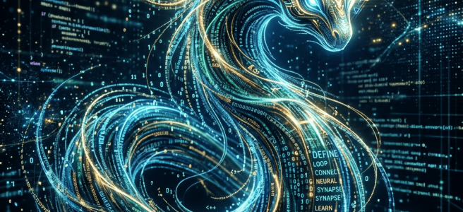 Glowing abstract dragon composed of binary code and data streams representing AI technology