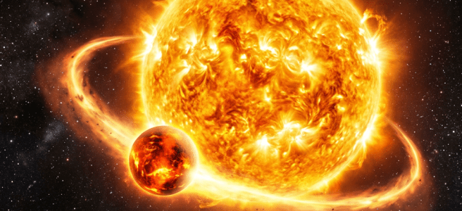 A molten planet orbiting a large fiery star with bright flares and a glowing ring