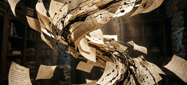 Swirling antique papers with black ink splashes in an old library