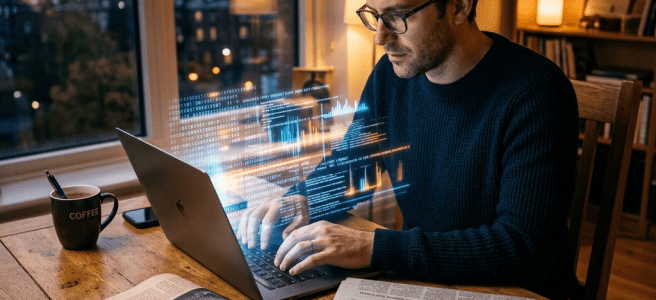 Man working on laptop with holographic financial graphs and data