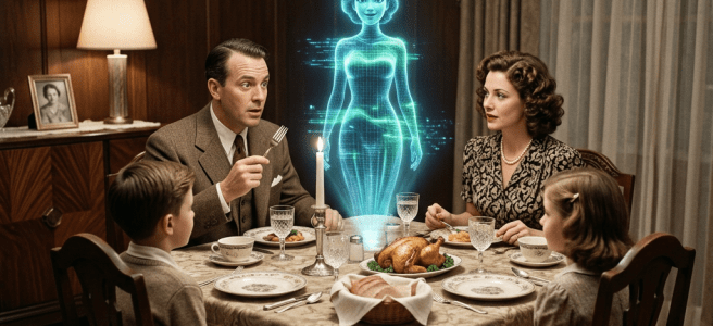 Family of four having dinner at a table with a holographic woman character