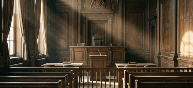 Empty courtroom with wooden benches, high windows, and judge's bench