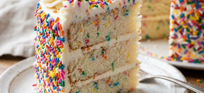 Slice of funfetti cake with white frosting and multicolored sprinkles